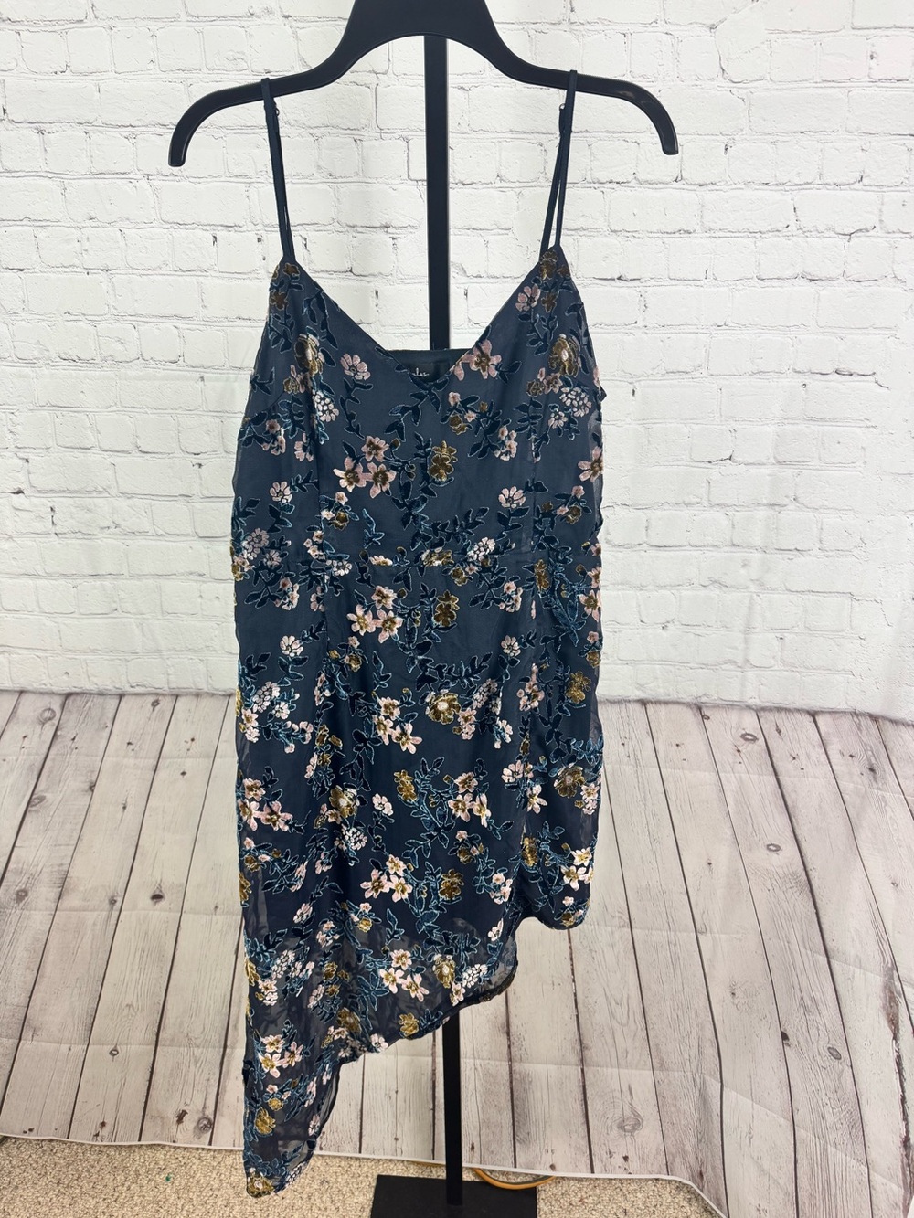 Lulus Evenings With You Dark Teal Floral Velvet Asymmetrical Dress Size Large